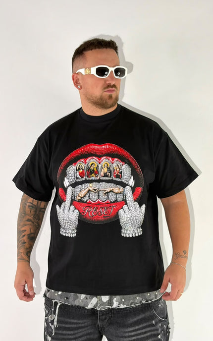 T-SHIRT TOTAL STRASS BOCCA